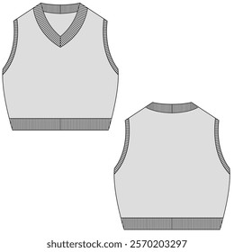 Cropped sweater vest template design, front and back view	