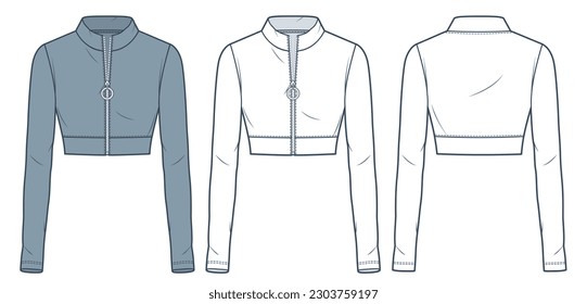 Cropped Sweatshirt fashion flat technical drawing template. Zip-up Sweatshirt technical fashion Illustration, slim fit, roll neck, front and back view, white, grey, women, men, unisex CAD mockup set.
