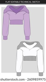 Cropped Sweatshirt Flat Editable Technical Sketch illustration of a sweater with a collar