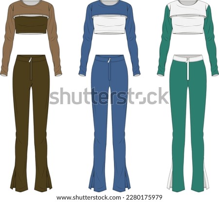 Cropped sweatshirt and regular pajama pant tech pack vector template