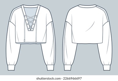 Cropped Sweatshirt technical fashion illustration. Lace-up Sweatshirt fashion flat technical drawing template, V-neck, oversized, front and back view, white color, women, men, unisex CAD mockup.