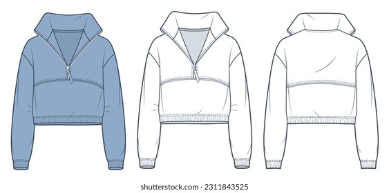 Ilustración técnica de moda de Sweatshirt recortado. Zipped Roll Neck Sweatshirt plantilla técnica de dibujo, crudo, sobredimensionado, vista frontal y trasera, blanco, azul, mujeres, hombres, conjunto de simulación CAD unisex.