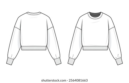 Cropped sweatshirt technical fashion illustration. Sweatshirt vector template illustration. Front and back view. Drop shoulder. Relaxed fit. Unisex. White color. CAD mockup.