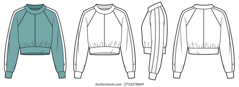 Cropped Sweatshirt Technical Flat Sketch. Sudadera de manga raglán Plantilla de dibujo técnico plano de moda, ajuste relajado, vista frontal, lateral y posterior, blanco, verde, mujeres, hombres, maqueta CAD unisex.