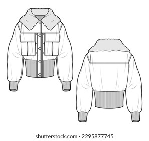 Cropped sweatshirts with front button closure, inverted pleat pocket, hem and sleeve ribbed, flat drawing illustration.