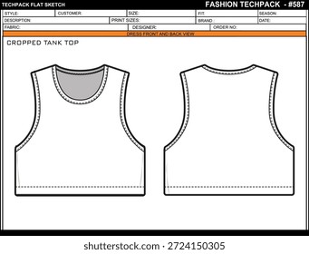 CROPPED TANK TOP EASY EDITÁVEL VAZIO TECHPACK LAYOUT DESIGN DE MODELO