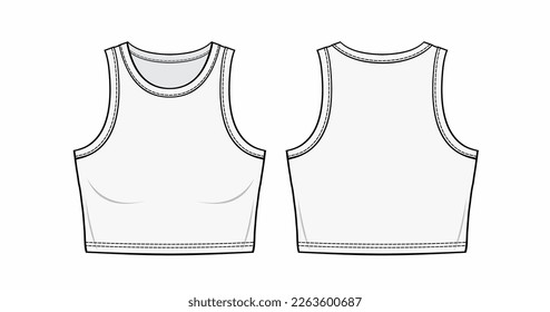 cropped tank top fashion technical drawing template. tank top Illustration. front and back view, white color, women, mockup.