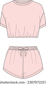 Cropped tank top and shorts. womens sleep wear set. crop top and high waist short set drawing