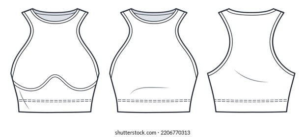 Cropped Tank Top, Sports Bra technical fashion Illustration. Women's Tank Top, Bra fashion flat technical drawing template, high-neck longline, slim fit, front, back view, white, CAD mockup set.