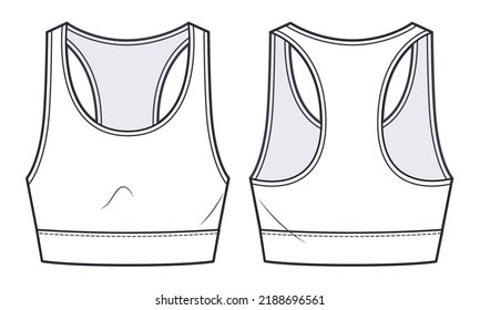 Cropped Tank Top technical fashion illustration. Women's Tank Top technical drawing template, crew neckline, front, back view, white colour, CAD mockup.