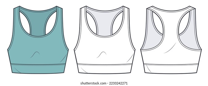 Cropped Tank Top technical fashion illustration. Women's Tank Top technical drawing template, crew neckline, front and back view, white and green color, CAD mockup set.
