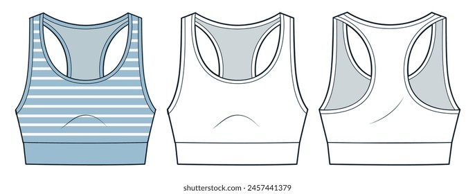 Cropped Tank Top technical fashion illustration, striped pattern. Sport Bra fashion flat technical drawing template, crew neck, slim fit, front and back view, white, blue, women CAD mockup set.