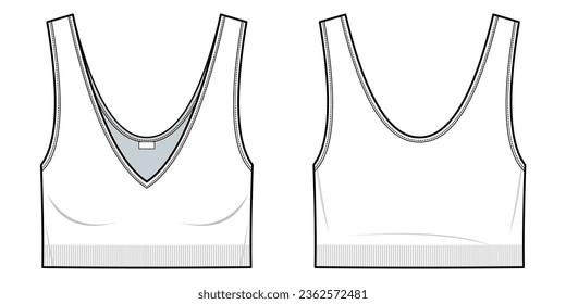 cropped tank top with a v-neckline-Unlined- Slim fit- Slip-on style- Sleeveless women's top, Front, and back fashion flat sketch. CAD mockup set, Technical drawing, artwork