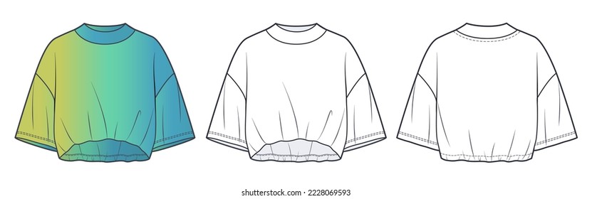 Cropped Tee Shirt technical fashion Illustration, fashion design. Oversize T-Shirt fashion flat technical drawing template, round neck, elastic bottom, front, back view, women, men, unisex CAD mockup.