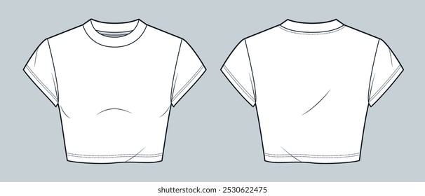 Cropped Tee Shirt technical fashion illustration. Crop top fashion flat technical drawing template, cap sleeves, round neck, slim fit, front and back view, white, women, men, unisex CAD mockup.