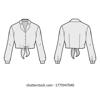 Cropped tie-front shirt technical fashion illustration with notched lapel collar and long sleeves. Flat apparel blouse template front back, grey color. Women, men and unisex top CAD mockup