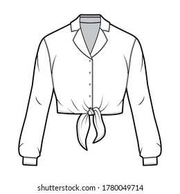 Cropped tie-front shirt technical fashion illustration with notched lapel collar and long sleeves. Flat apparel blouse template front, white color. Women, men and unisex top CAD mockup