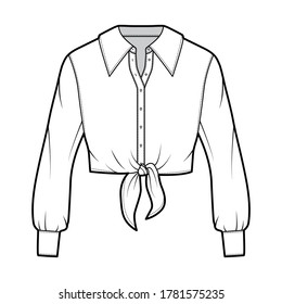 Cropped tie-front shirt technical fashion illustration with oversized collar and long sleeves. Flat apparel blouse template front, white color. Women, men and unisex top CAD mockup