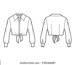 Cropped tie-front shirt technical fashion illustration with oversized collar and long sleeves. Flat apparel blouse template front back, white color. Women, men and unisex top CAD mockup