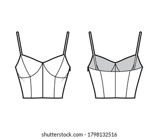 Ilustración técnica de moda recortada con cuello, correas, ajuste delgado, longitud de cintura. Plantilla de ropa de vestir de ropa de vestir plana delantera, trasera, color blanco. Hombres mujeres unisex camisa camisola mockup CAD