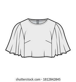 Cropped top technical fashion illustration with flare elbow circle sleeve, oversized, back concealed zip fastening. Flat apparel shirt template front, grey color. Women men unisex blouse CAD mockup