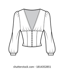 Cropped top technical fashion illustration with long bishop sleeves, puffed shoulders, front button fastenings. Flat apparel shirt template front white color. Women men, unisex blouse CAD mockup