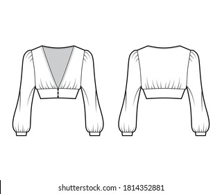 Ilustración técnica de moda recortada con mangas largas de obispo, hombros hinchados, fijaciones del botón delantero. Plantilla de la camisa de vestimenta plana de color blanco trasero delantero. Hombres mujeres, unisex blouse CAD mockup