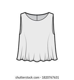 Cropped top technical fashion illustration with relaxed fit, oval neck, flare hem, back button-fastening keyhole. Flat tank apparel template front, grey color. Women, men unisex shirt top CAD mockup