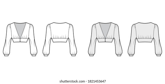 Cropped top technical fashion illustration with long bishop sleeves, puffed shoulders, front button fastenings. Flat apparel shirt template front back white, grey color. Women men, unisex blouse CAD