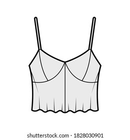 Cropped top technical fashion illustration with sweetheart neck, straps, flare hem, waist length. Flat outwear tank apparel template front grey color. Women, men unisex shirt camisole CAD mockup
