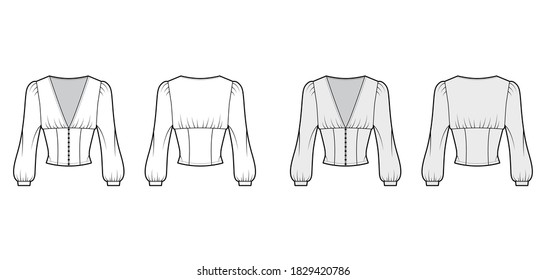 Cropped top technical fashion illustration with long bishop sleeves, puffed shoulders, front button fastenings. Flat apparel shirt template front back white, grey color. Women men, unisex blouse 