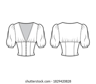 Cropped top technical fashion illustration with short sleeves, puffed shoulders, front button fastenings, fitted body. Flat apparel shirt template front back white color. Women men, unisex blouse 