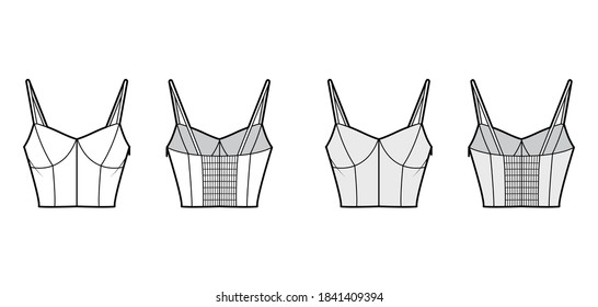 Cropped top technical fashion illustration with sweetheart neck, straps, slim fit, shirred back. Flat tank apparel template front, back, white grey color. Women, men unisex shirt camisole CAD mockup