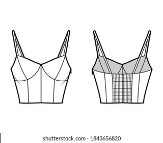 Cropped top technical fashion illustration with sweetheart neck, straps, slim fit, shirred back. Flat outwear tank apparel template front, back white color. Women, men unisex shirt camisole CAD mockup