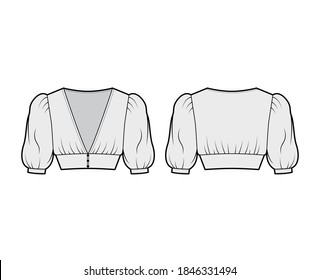 Cropped top technical fashion illustration with short sleeves, puffed shoulders, front button fastenings, fitted body. Flat apparel shirt template front back, grey color. Women men, unisex blouse CAD