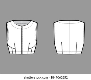 Cropped top technical fashion illustration with close fit, oval neck, waist lengths, front zip fastening . Flat apparel outwear template back, white color. Women men unisex shirt CAD mockup