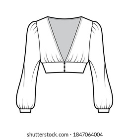 Cropped top technical fashion illustration with long bishop sleeves, puffed shoulders, front button fastenings. Flat apparel shirt template front white color. Women men, unisex blouse CAD mockup
