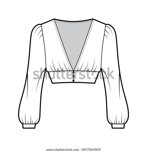 Cropped top technical fashion illustration with\
long bishop sleeves, puffed shoulders, front button fastenings.\
Flat apparel shirt template front white color. Women men, unisex\
blouse CAD mockup