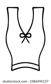 Cropped top with two straps. Sketch. Women's clothing with a bow on the deep neckline and an elasticated waist. Vector illustration. Doodle style. Outline on isolated background. Coloring book.