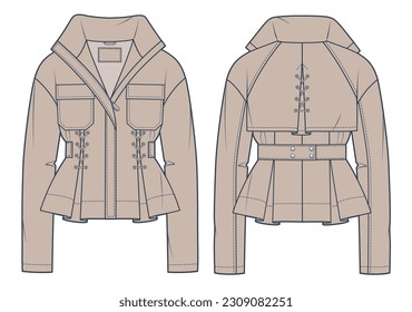Cropped Trench Coat technical fashion Illustration   Jacket fashion flat technical drawing template  front   back view  lace  up  zip  up  beige color  women  men  unisex CAD mockup 