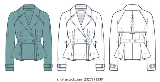 Ilustración técnica de moda Trench Cropped. Raglan Sleeve Jacket moda plantilla de dibujo técnico plano, vista frontal y trasera, encaje, blanco, verde, mujer conjunto de maquillaje CAD.