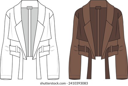 Ilustración técnica de moda Trench Cropped. Dibujo de chaqueta de ropa de mujer. 