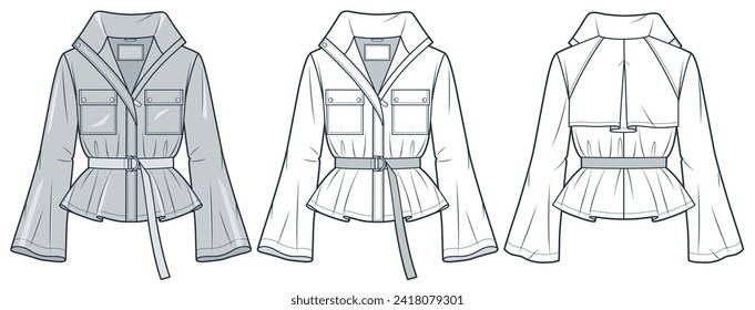 Cropped Trench Coat technical fashion Illustration. Bell Sleeve Jacket fashion flat technical drawing template, pocket, belt, front, back view, zip-up, white, grey, women, men, unisex CAD mockup set.