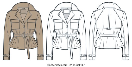 Cropped Trench Coat technical fashion Illustration. Belted Jacket fashion flat technical drawing template, pockets, buttons, front and back view, white, beige, women, men, unisex CAD mockup set.