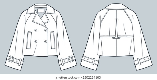 Cropped Trench Coat technical fashion Illustration. Button up Trench Coat fashion technical drawing template, double-breasted, pockets, oversize, front, back view, white, women, men, unisex CAD mockup