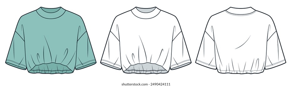 Cropped T-Shirt technical fashion Illustration. Crop Top fashion flat tehnical drawing template, round neck, front and back view, white, green, women, men, unisex Top CAD mockup set.