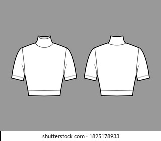 Cropped turtleneck jersey sweater technical fashion illustration with short sleeves, close-fitting shape. Flat outwear jumper apparel template front back white color. Women men unisex shirt top mockup