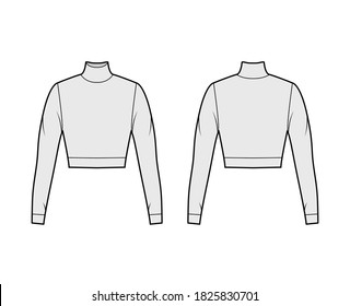 Cropped turtleneck jersey sweater technical fashion illustration with long sleeves, close-fitting shape. Flat outwear jumper apparel template front back grey color. Women men unisex shirt top mockup