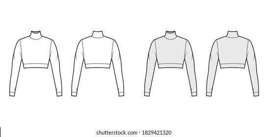 Cropped turtleneck jersey sweater technical fashion illustration with long sleeves, close-fitting shape. Flat outwear jumper apparel template front back white grey color. Women men unisex shirt top