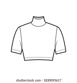 Cropped turtleneck jersey sweater technical fashion illustration with short sleeves, close-fitting shape. Flat outwear jumper apparel template front white color. Women men unisex shirt top CAD mockup